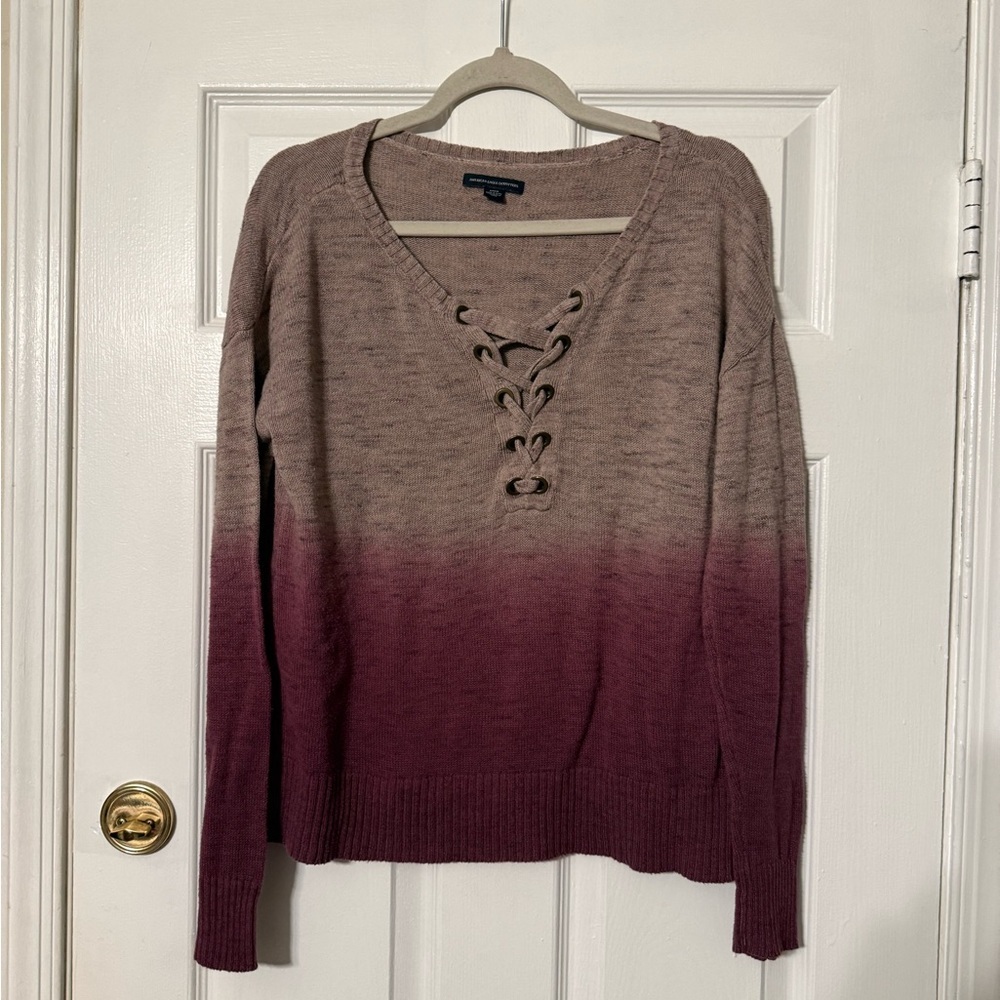 American Eagle Outfitters Lace-Up Ombre Sweater in Taupe and Burgundy